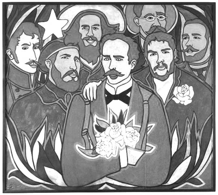 Obra Rosas y Estrellas. Pintura de Raúl Martínez Na última fileira aparecem Simón Bolívar, Camilo Cienfuegos, o general Máximo Gómez e Antonio Maceo; na primeira fileira, Fidel Castro, José Martí e Ernesto 